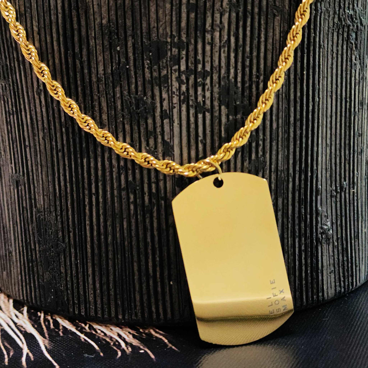 Men's gold personalized name dog tag necklace with 18K PVD gold plated stainless steel chain and customizable engraving