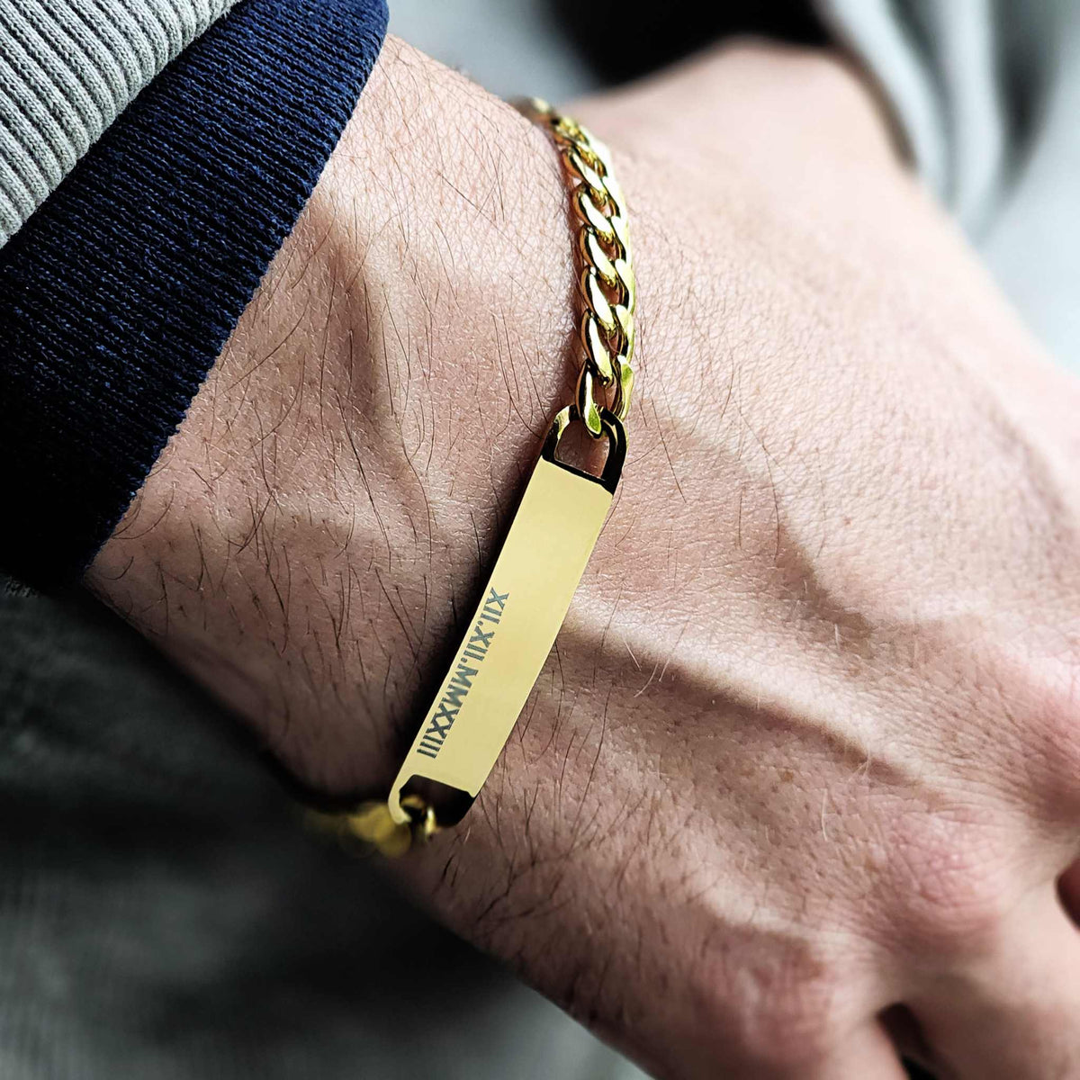 Men's gold name bracelet with customizable 18K PVD gold plated stainless steel name plate