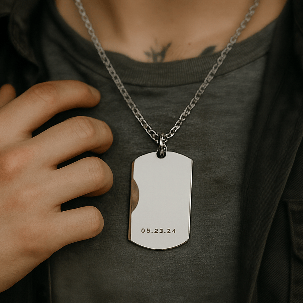 Men's silver stainless steel dog tag necklace with personalized engraved names on thick pendant and rope chain