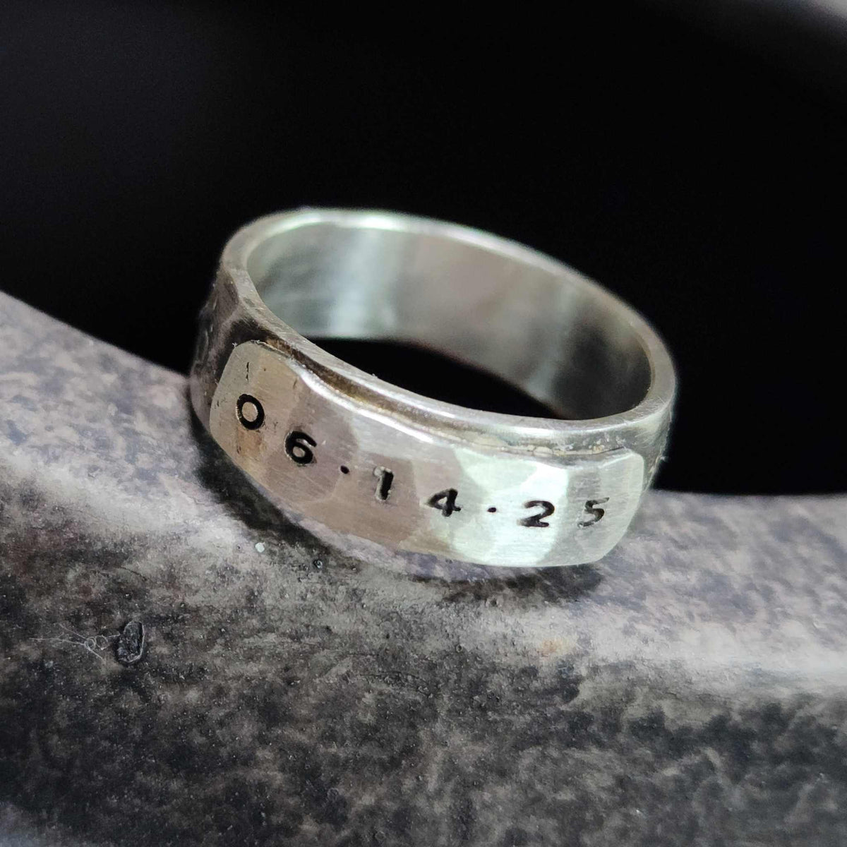 Men's nameplate silver ring with hammered oxidized finish and engraved sterling silver band