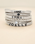 silver personalized ring set engraved with bold font names