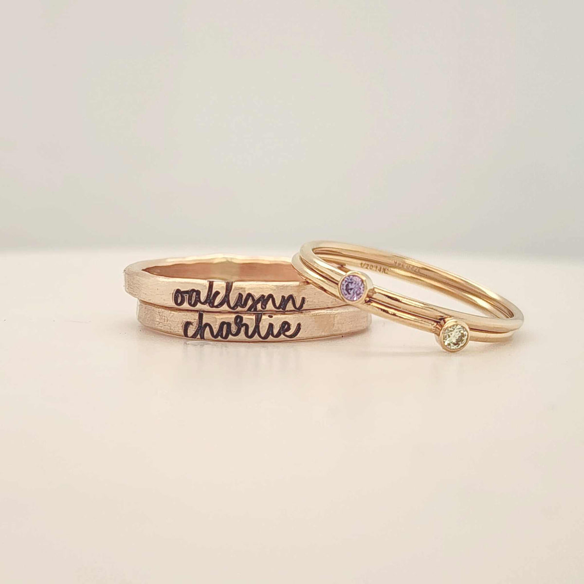 The Hannah Set in 14K gold-filled with name and birthstone rings