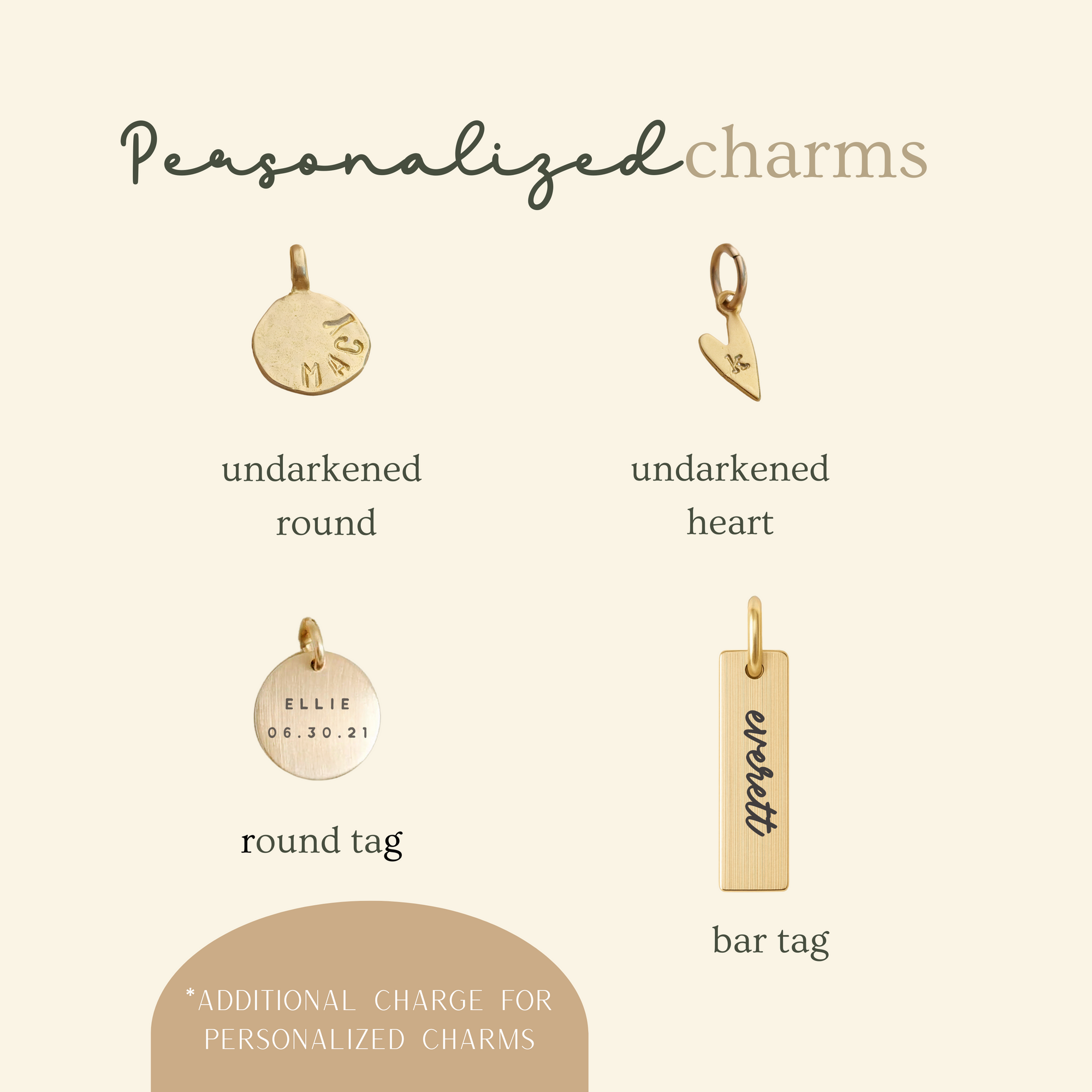 Collection of personalized gold charms on a beige background with text indicating additional charges for customization.