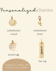 Collection of personalized gold charms on a beige background with text indicating additional charges for customization.