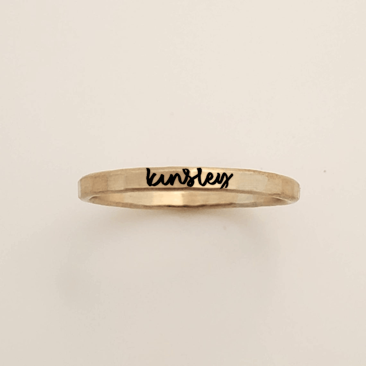 Personalized stacking name ring with new cursive font in 14k gold filled and rose gold-filled options