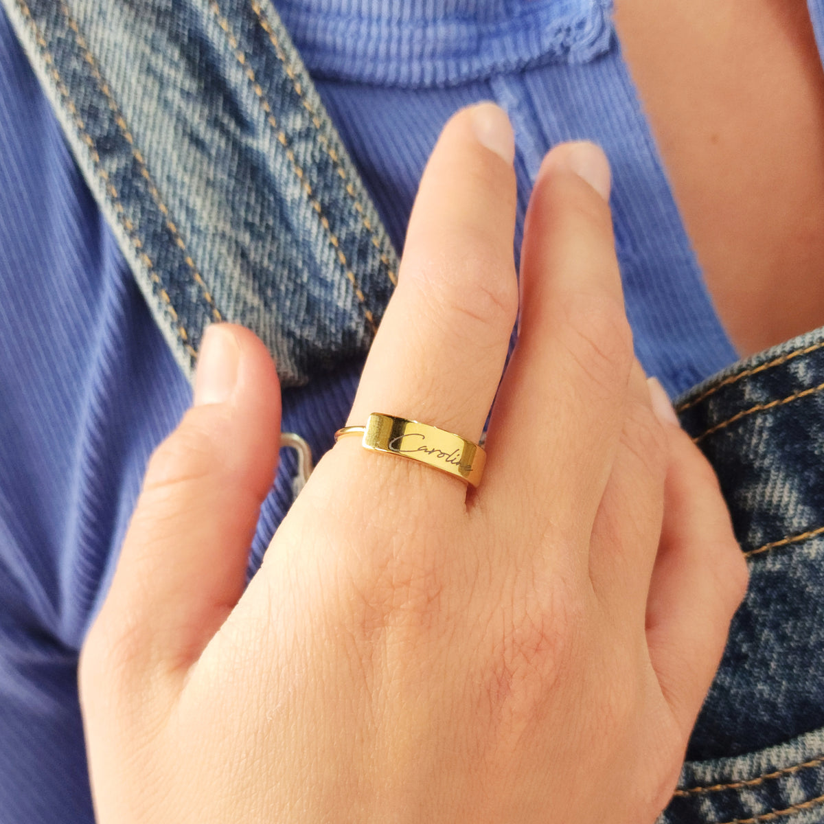 Gold Handwriting Name Plate Ring - Going Golden