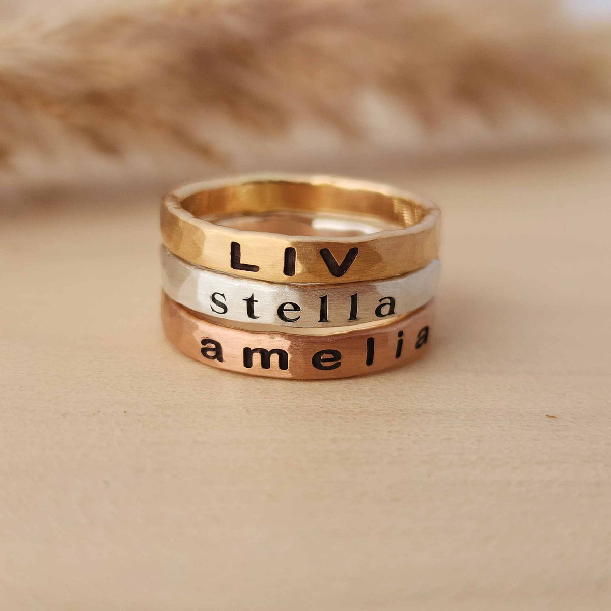 Eloise thick stacking ring set with 3mm yellow gold, rose gold, and silver bands handcrafted for bold elegance