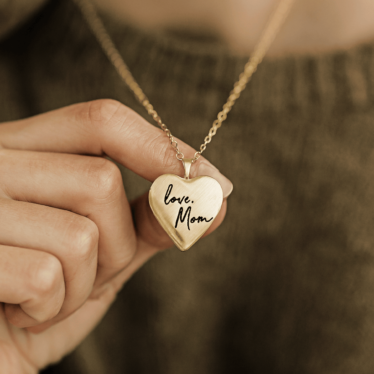 Heart-shaped gold necklace with 'love, Mom' engraving held by a hand against a blurred background