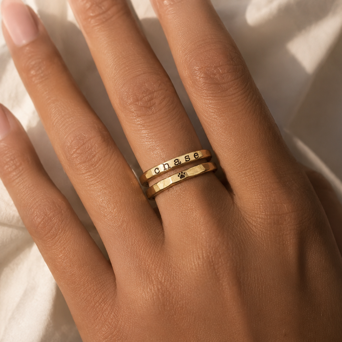 Pet Lover Stacking Ring Set featuring personalized and paw print rings in 14k gold and silver