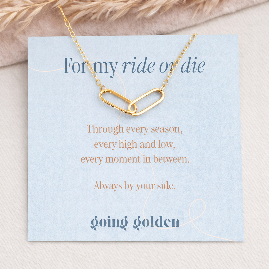 Minimalist 14k gold-filled Ride or Die Necklace with two interlocking oval links symbolizing friendship and connection