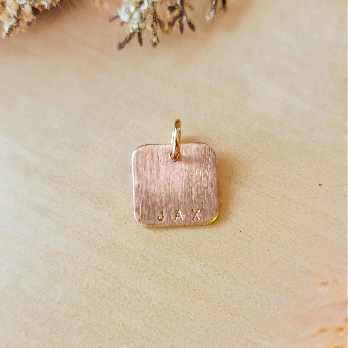 Hand Stamped Square Personalized Tag - Going Golden