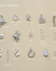 Collection of silver charms on a beige background with labels.