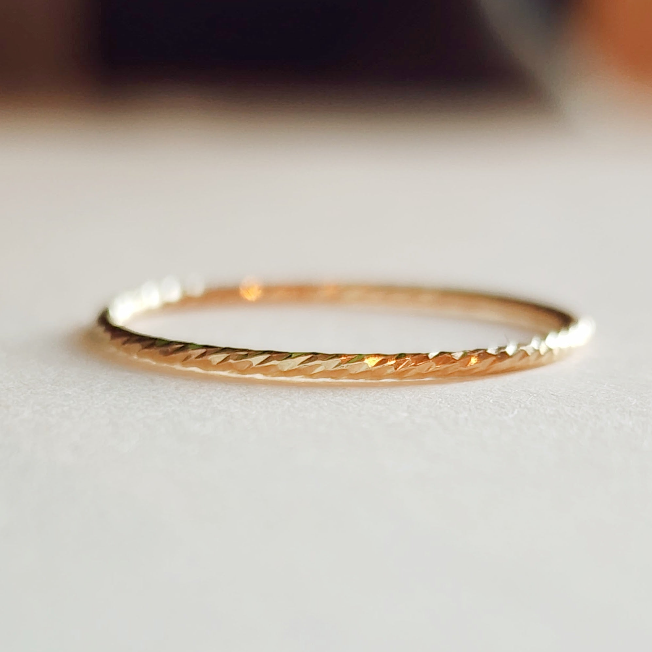 14K yellow gold-filled skinny sparkle ring with delicate diamond-cut band and minimalist design