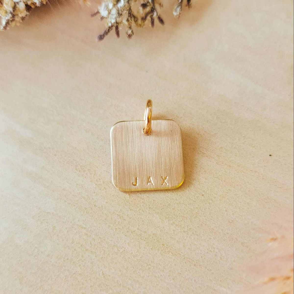 Hand Stamped Square Personalized Tag - Going Golden