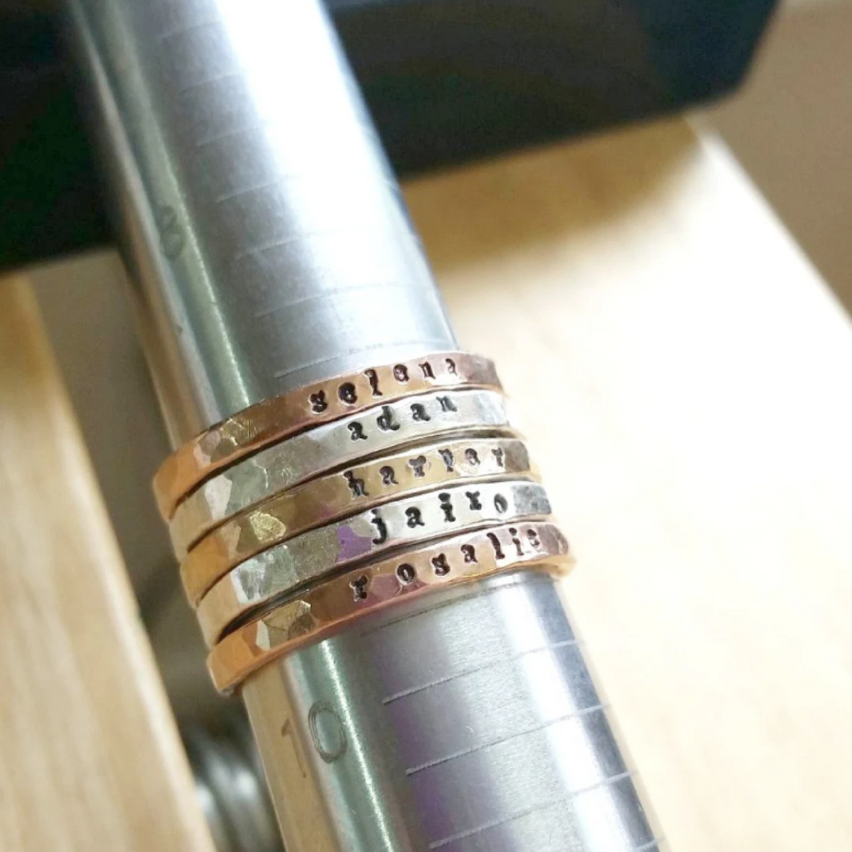 Tiny Font Stacking Name Rings - Going Golden