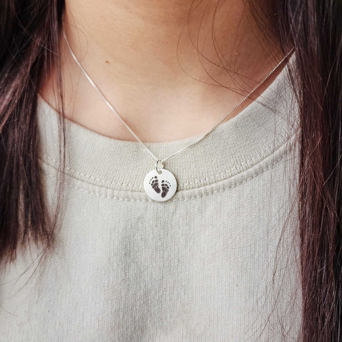 Engraved footprint necklace with personalized footprint tag in 14k gold-filled on 18-inch chain