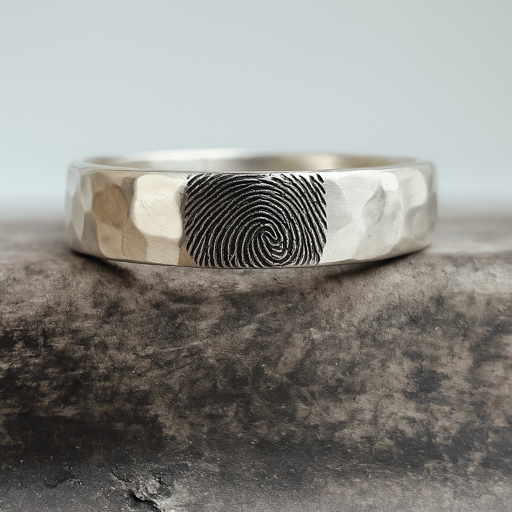 Sterling silver fingerprint ring with hammered texture and custom engraving