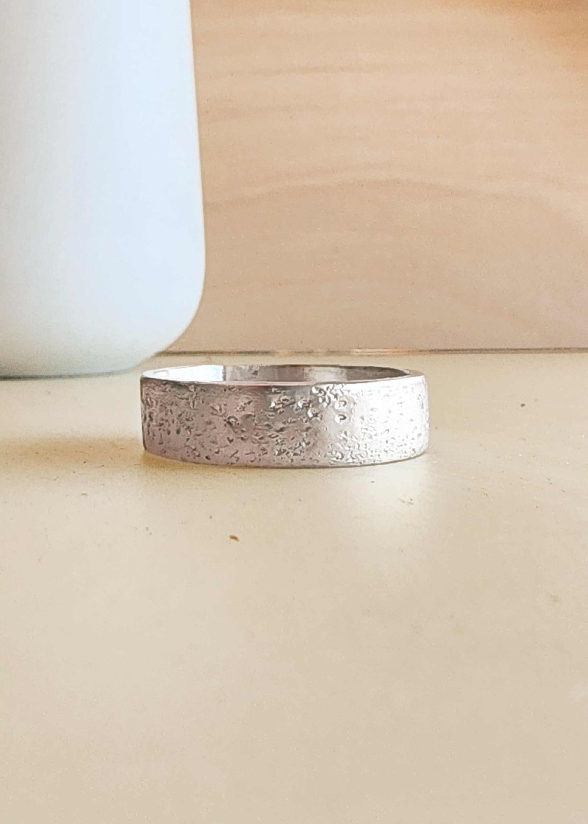 Sterling silver textured ring with thick 4mm band, durable and stylish jewelry piece