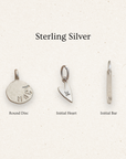 Three sterling silver charms on a light background with 'Sterling Silver' text.
