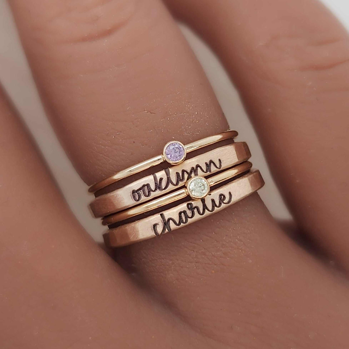 Hannah Stacking Ring set with personalized name and birthstone rings in gold and silver options