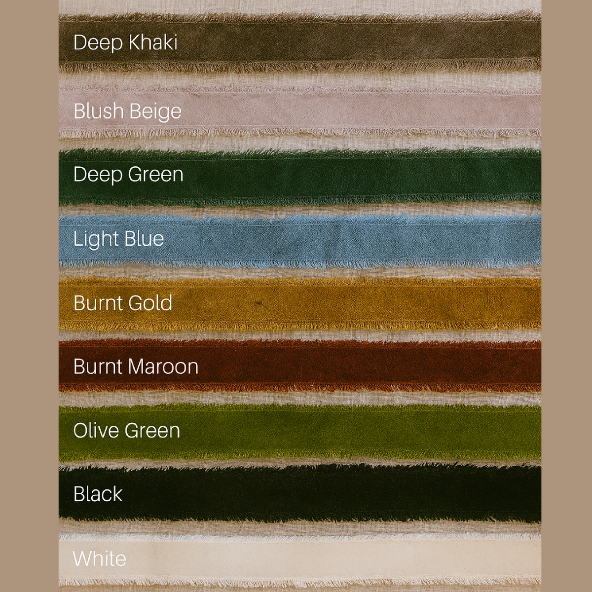 Color swatches of various shades including Deep Khaki, Blush Beige, Deep Green, Light Blue, Burnt Gold, Burnt Maroon, Olive Green, Black, and White on a textured background.