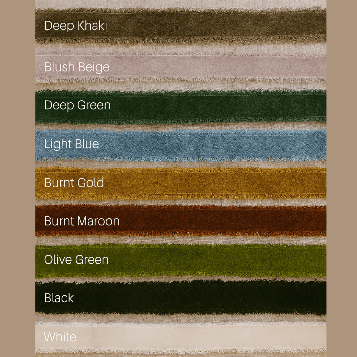 Color swatches of various shades including Deep Khaki, Blush Beige, Deep Green, Light Blue, Burnt Gold, Burnt Maroon, Olive Green, Black, and White on a textured background.