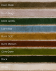 Color swatches of various shades including Deep Khaki, Blush Beige, Deep Green, Light Blue, Burnt Gold, Burnt Maroon, Olive Green, Black, and White on a textured background.