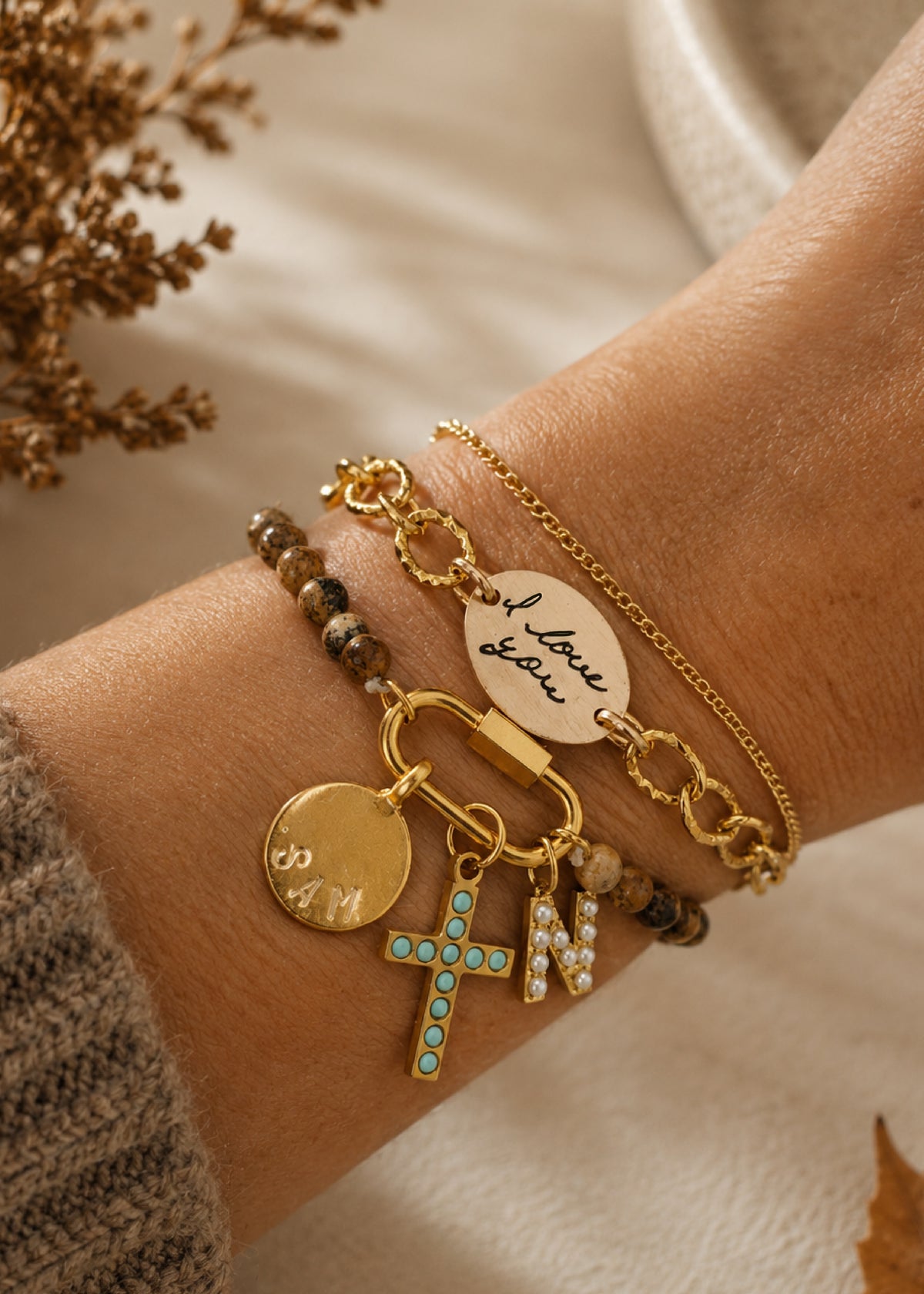 Gold Textured Oval Handwriting Bracelet
