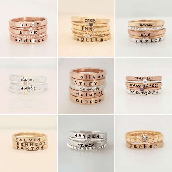 Custom personalized stacking ring sets with names and dates in sterling silver, fine silver, and 14K gold filled options