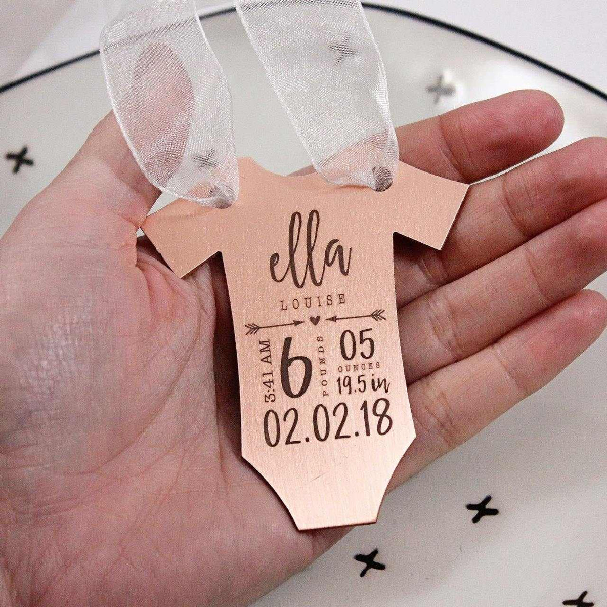 Copper Baby Statistics Ornament - Going Golden