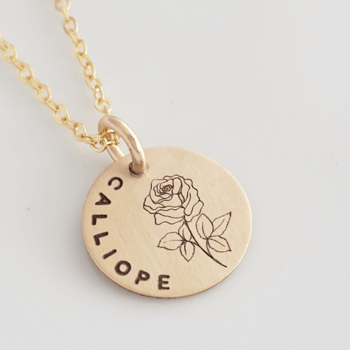 Personalized birth flower necklace with name Calliope in gold-filled on 18-inch chain