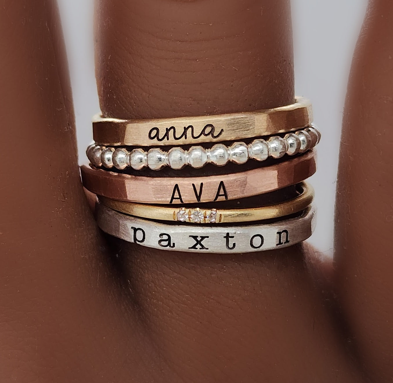 personalized stacking ring set engraved with kid's names