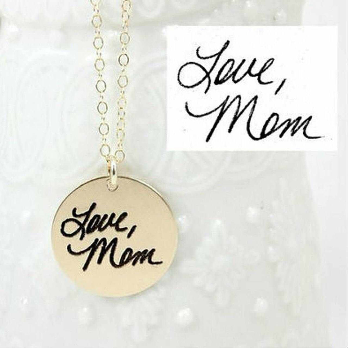 Double sided handwriting necklace with custom engraved "Love, Mom" signature on gold pendant with 18-inch chain