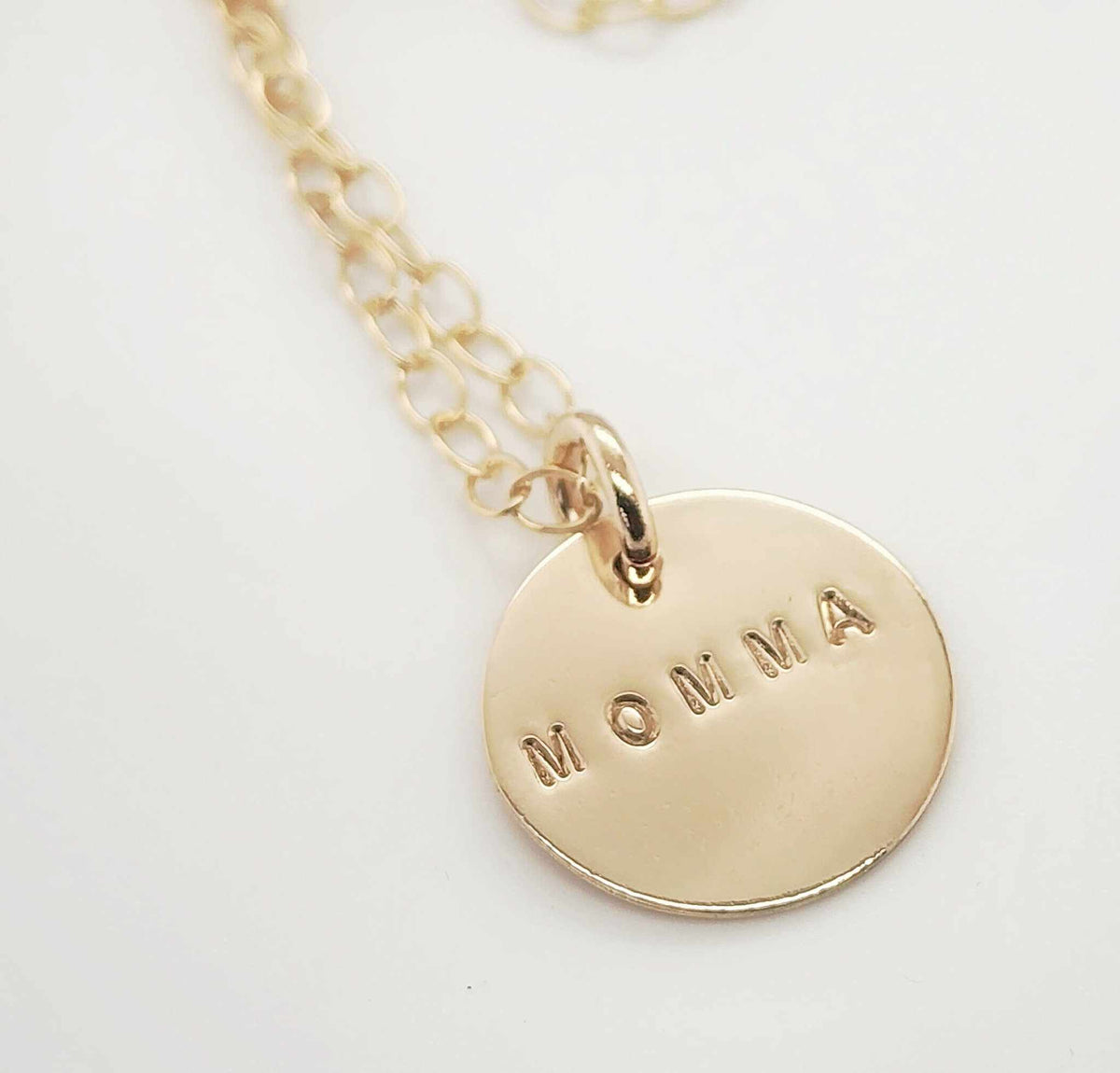 14k yellow gold filled 5/8" block necklace with "MOMMA" stamped pendant on 18" cable chain