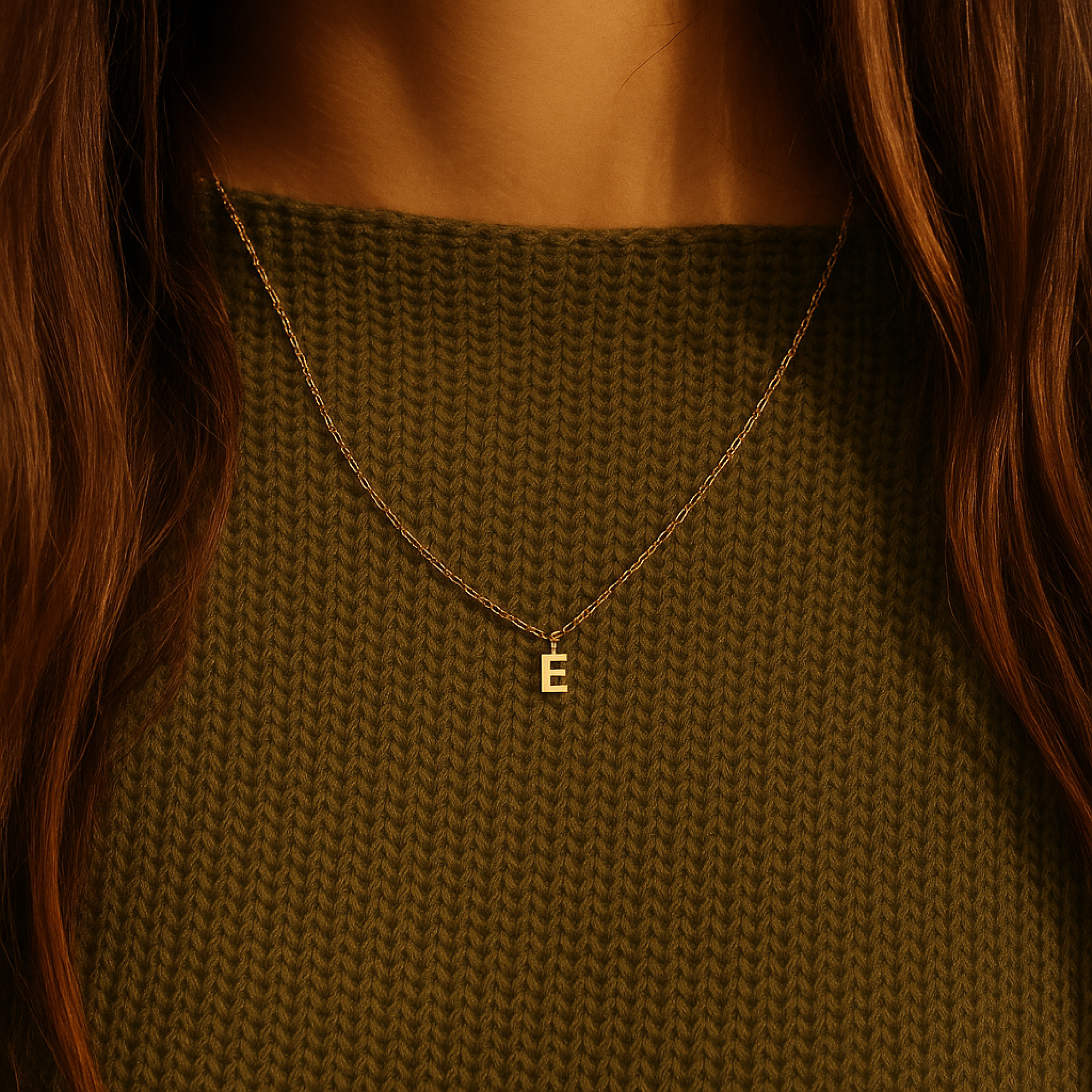 14K solid gold initial pendant necklace styled with dark green textured top