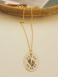 Footprint Name and Date Oval Necklace - Going Golden