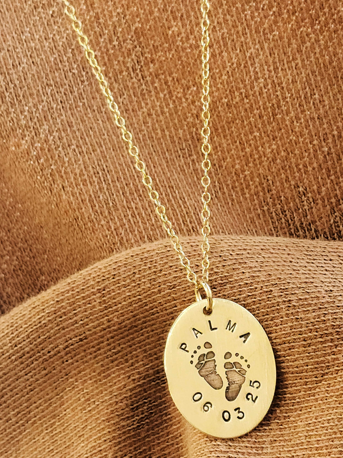 Footprint Name and Date Oval Necklace - Going Golden