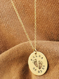 Footprint Name and Date Oval Necklace - Going Golden