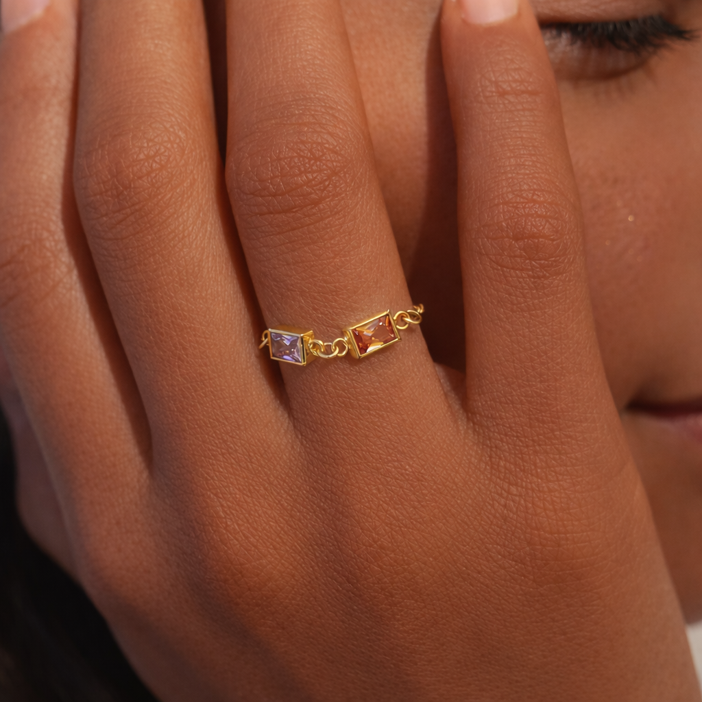 Double Birthstone Chain Ring - Going Golden