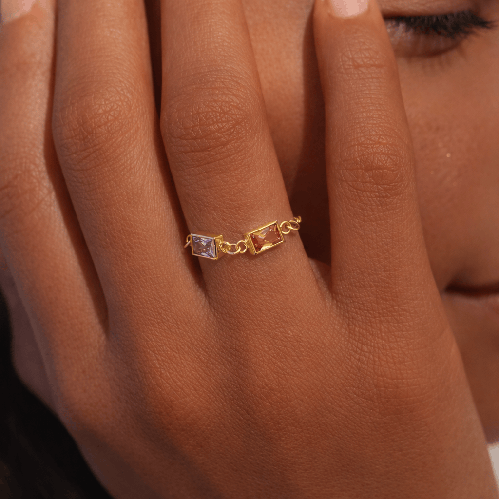 Double Birthstone Chain Ring - Going Golden
