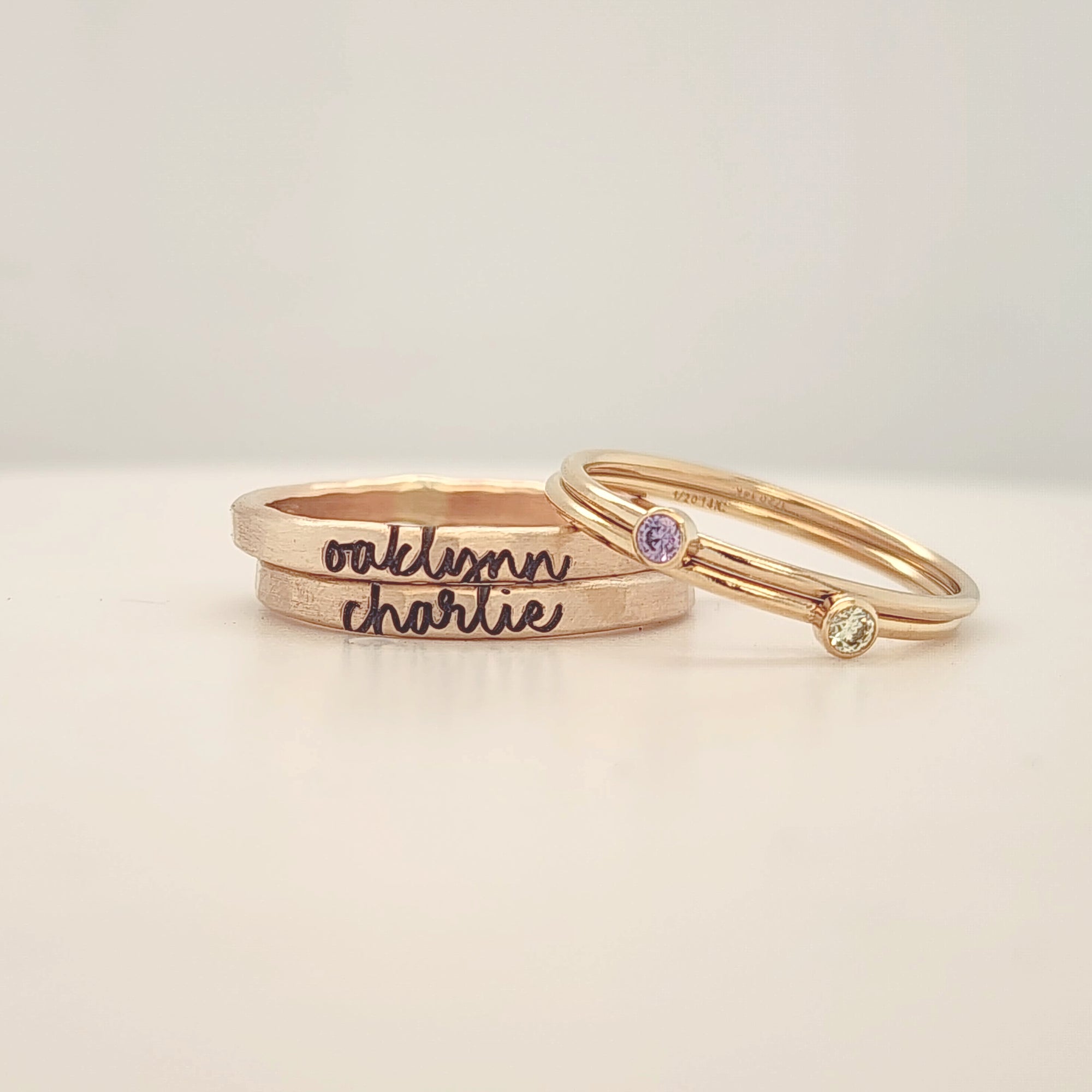 The Hannah Set in 14K gold-filled with name and birthstone rings