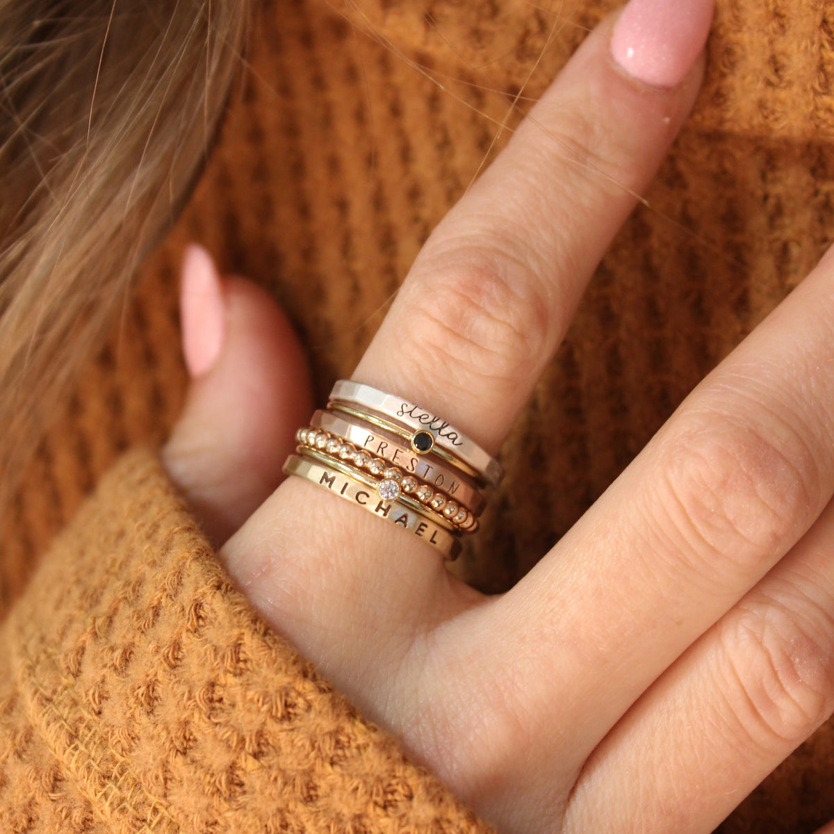 personalized ring set with birthstone rings, gift for mom for Mother's Day