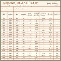 The chart includes measurements for inside diameter and inside circumference in both millimeters (MM) and inches. It provides ring size equivalents for different regions, including US & Canada, British & Australian, French & Russian, German, and Japanese sizing systems.