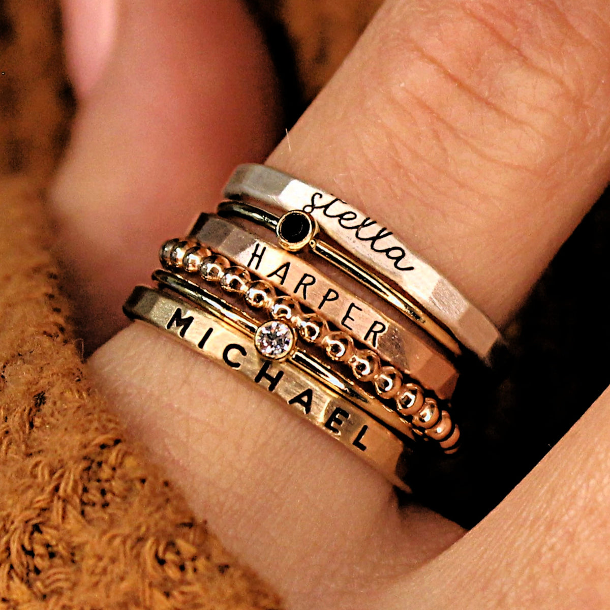mixed metals and fonts personalized ring set for women