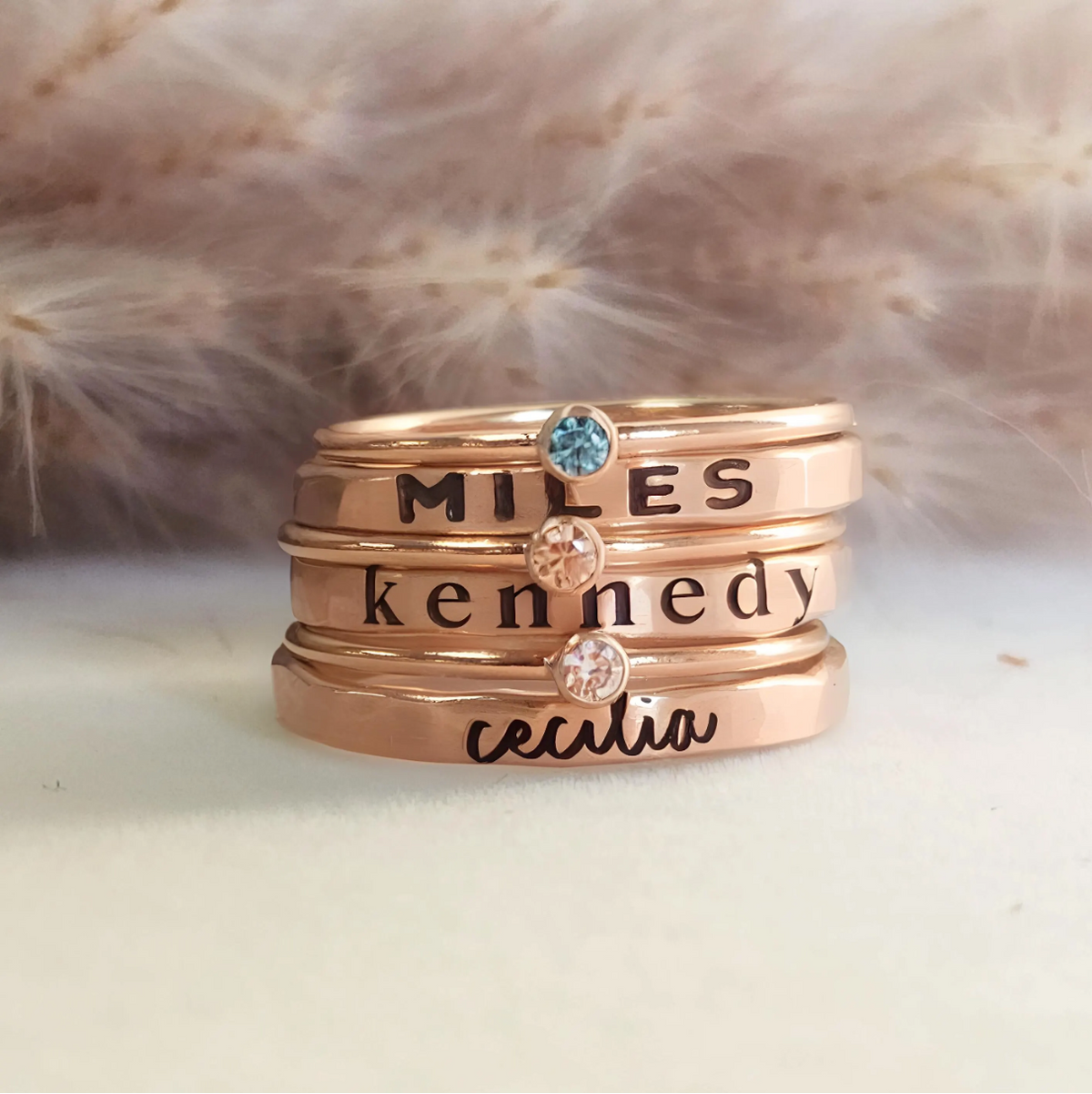 14k rose gold-filled personalized rings with name and birthstone rings