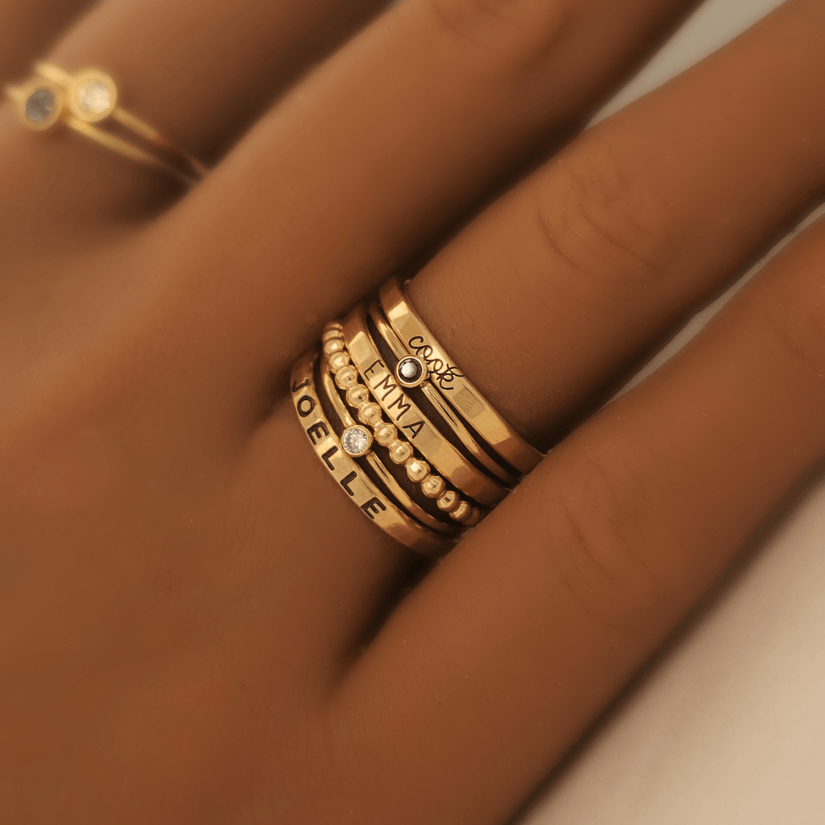 14k gold-filled personalized stacking rings with mix and match fonts 
