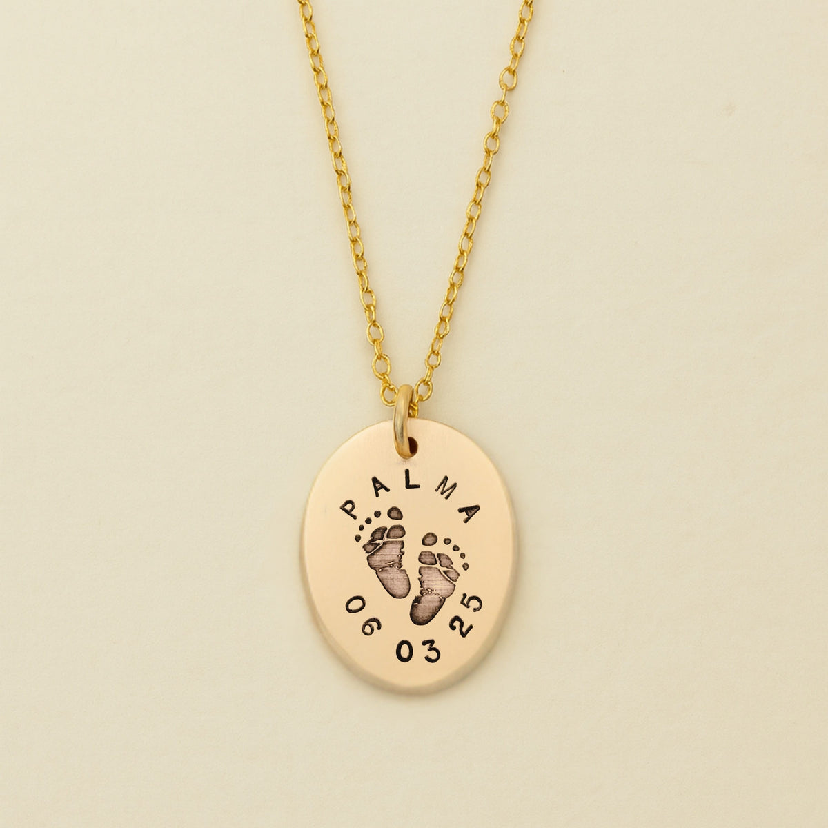 Footprint Name and Date Oval Necklace - Going Golden