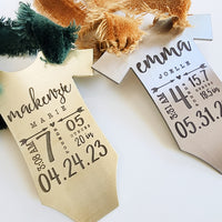 Custom baby stats ornament with mahogany velvet ribbon and birth info