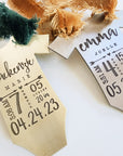 Custom baby stats ornament with mahogany velvet ribbon and birth info
