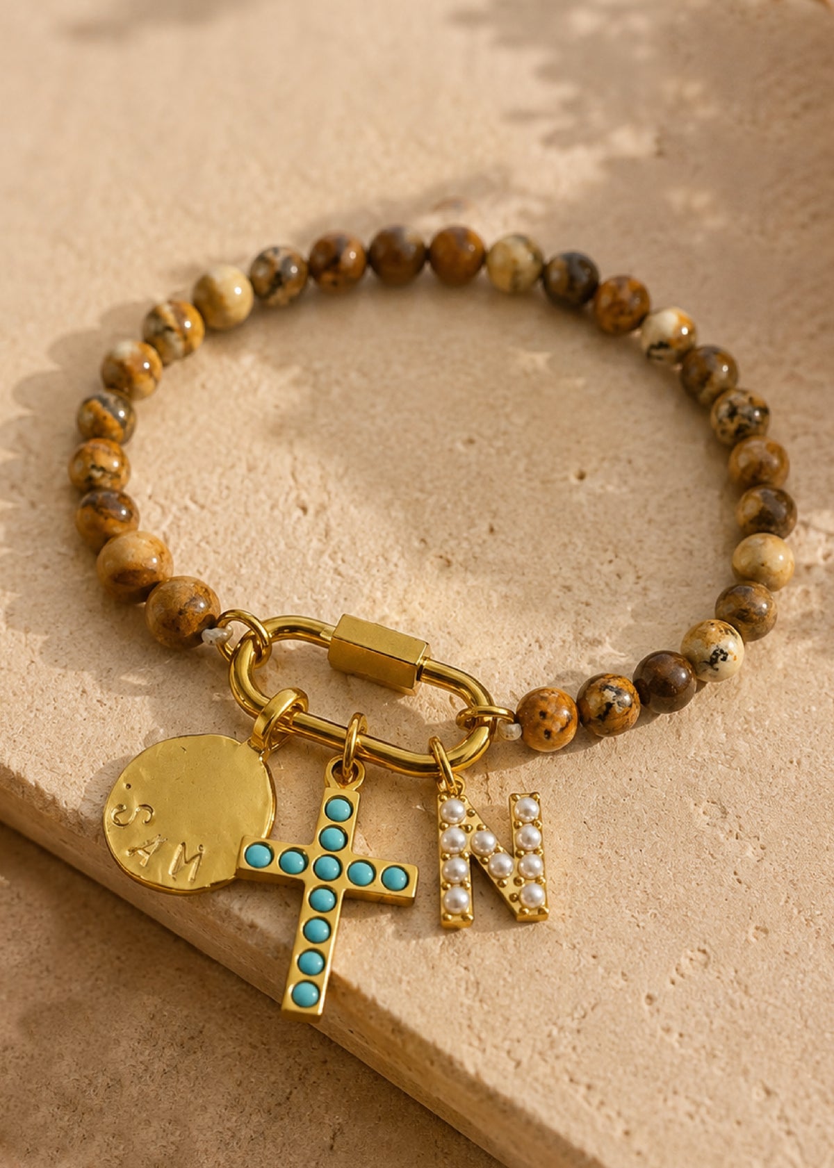 Stone Beaded Carabiner Charm Bracelet